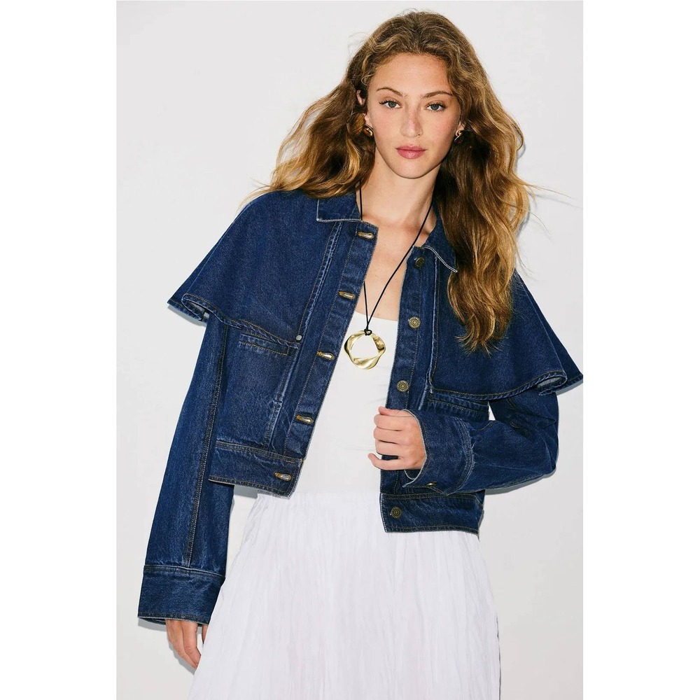Cleobella Blue Denim Capelet Cropped Jacket Womens XL Medium Wash Button Front